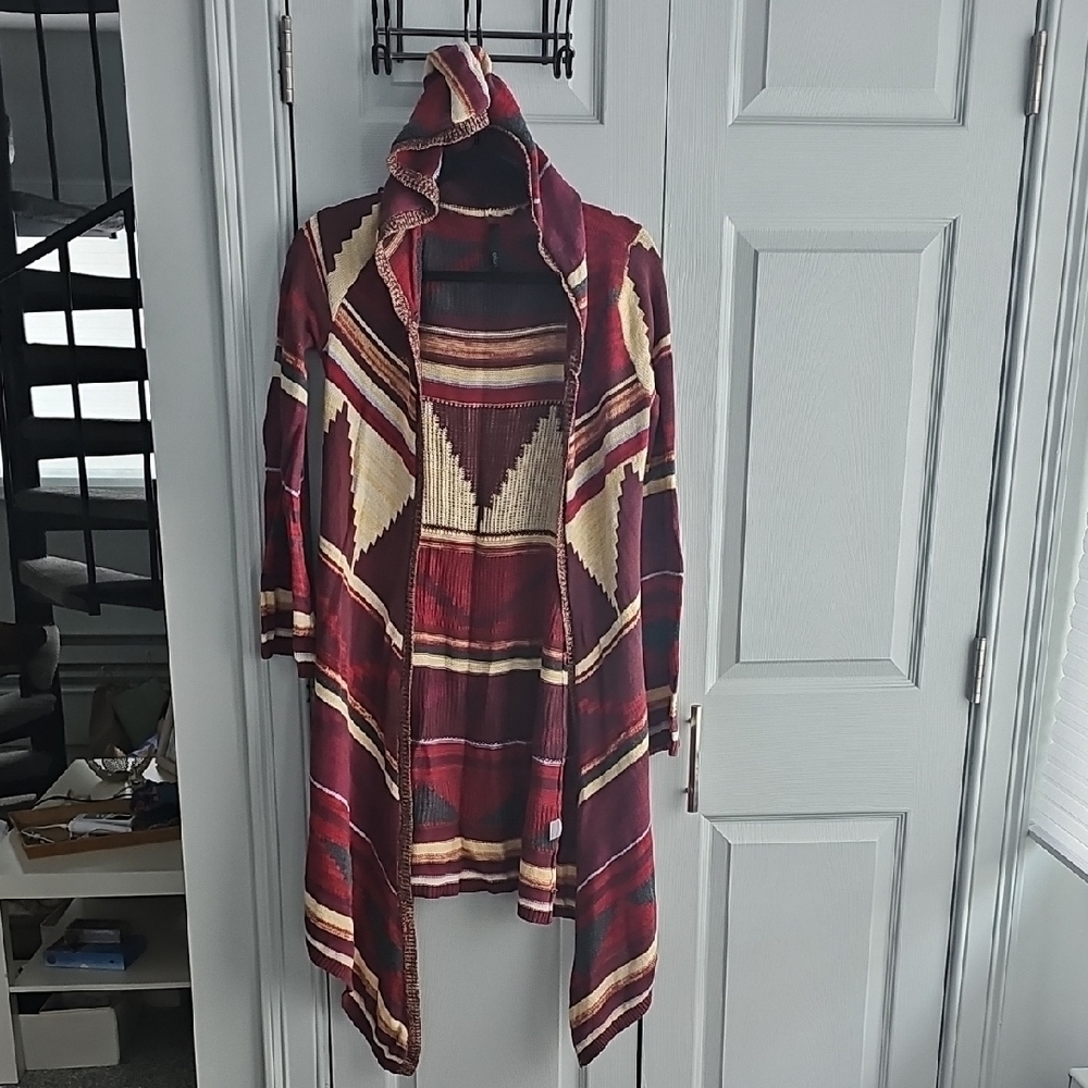 Elan Burgundy and Cream Aztec Hooded Cardigan